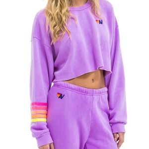 NWT Aviator Nation Rugby Cropped 5 Stripe Sweatshirt in Neon Purple